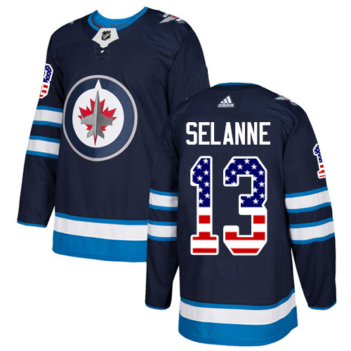 Adidas Jets #13 Teemu Selanne Navy Blue Home Authentic USA Flag Stitched NHL Jersey